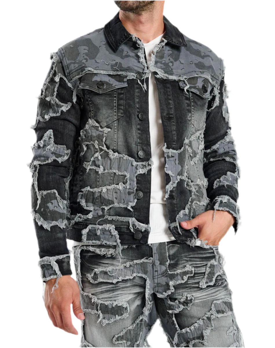 TAKER CAMO PATTERN PATCH DENIM JACKET (BLACK)