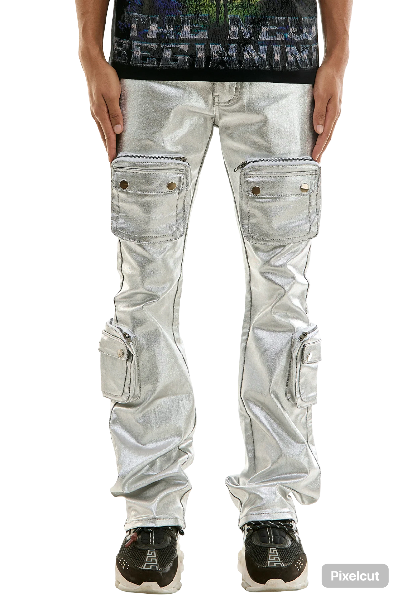 SILVER CARGO SKINNY FLARE JEANS