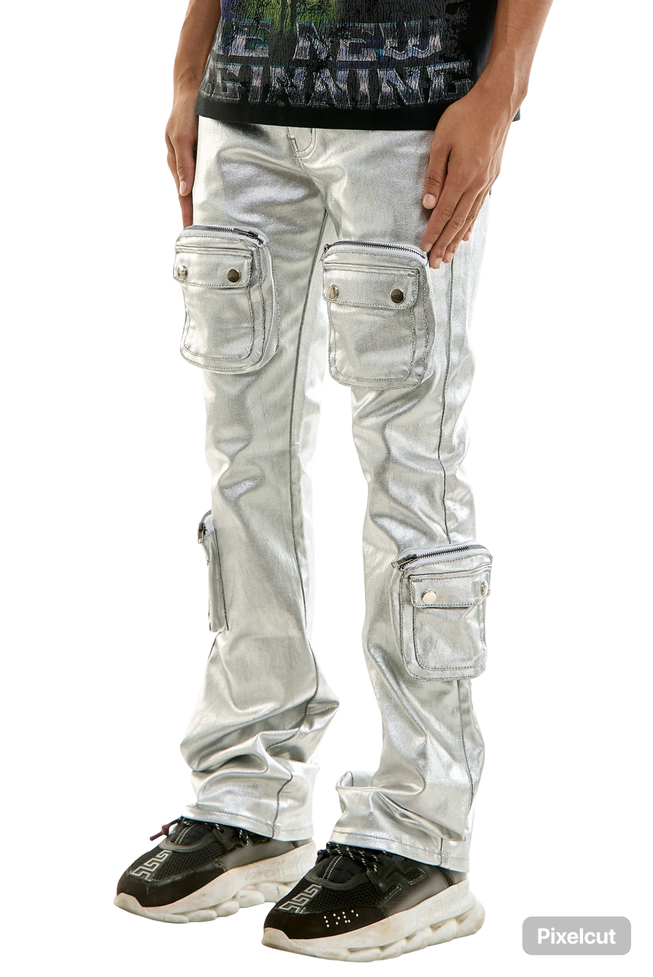 SILVER CARGO SKINNY FLARE JEANS