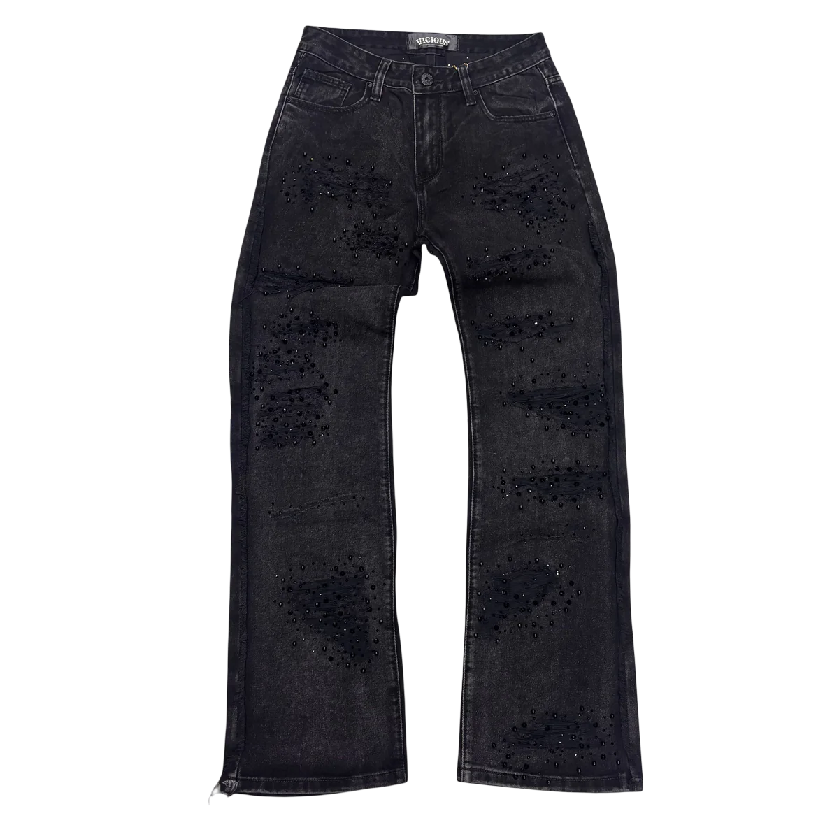 VICIOUS- PREMIUM RELAXED FLARE DENIM W/ RHINESTONE/PEARLS