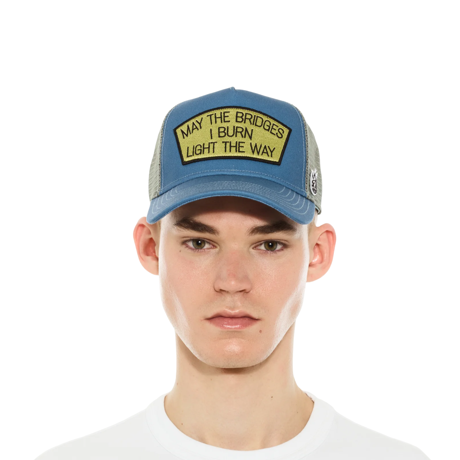 Cult's Logo Mesh Back Trucker Hat "May The Bridges I Burn" in Blue Steel