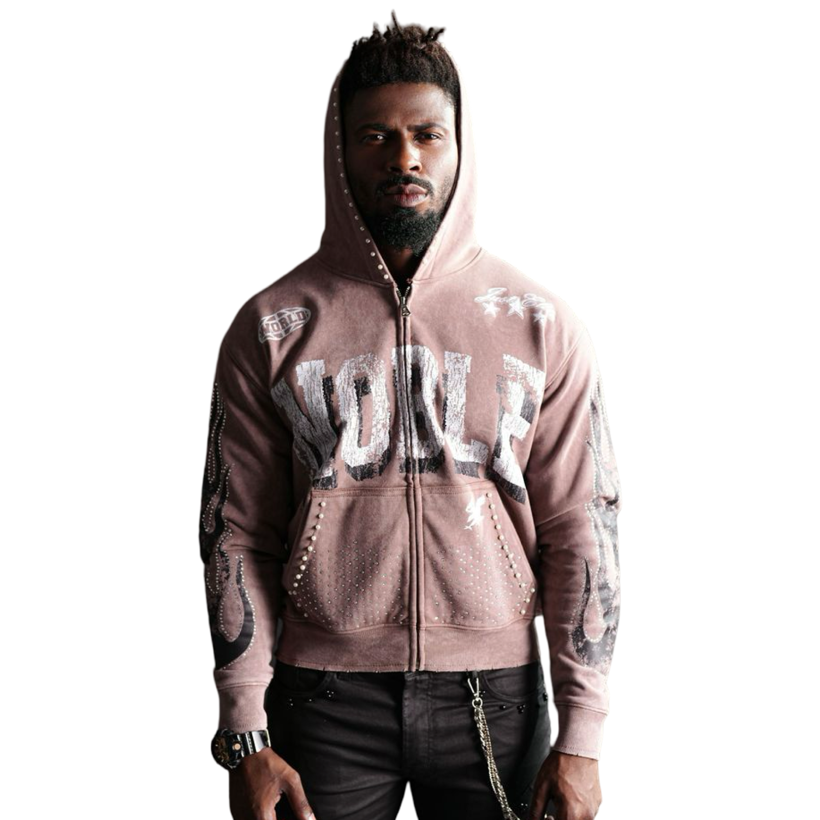 Noble White/Taupe Washed Rhinestone + Pearls Zip-Up