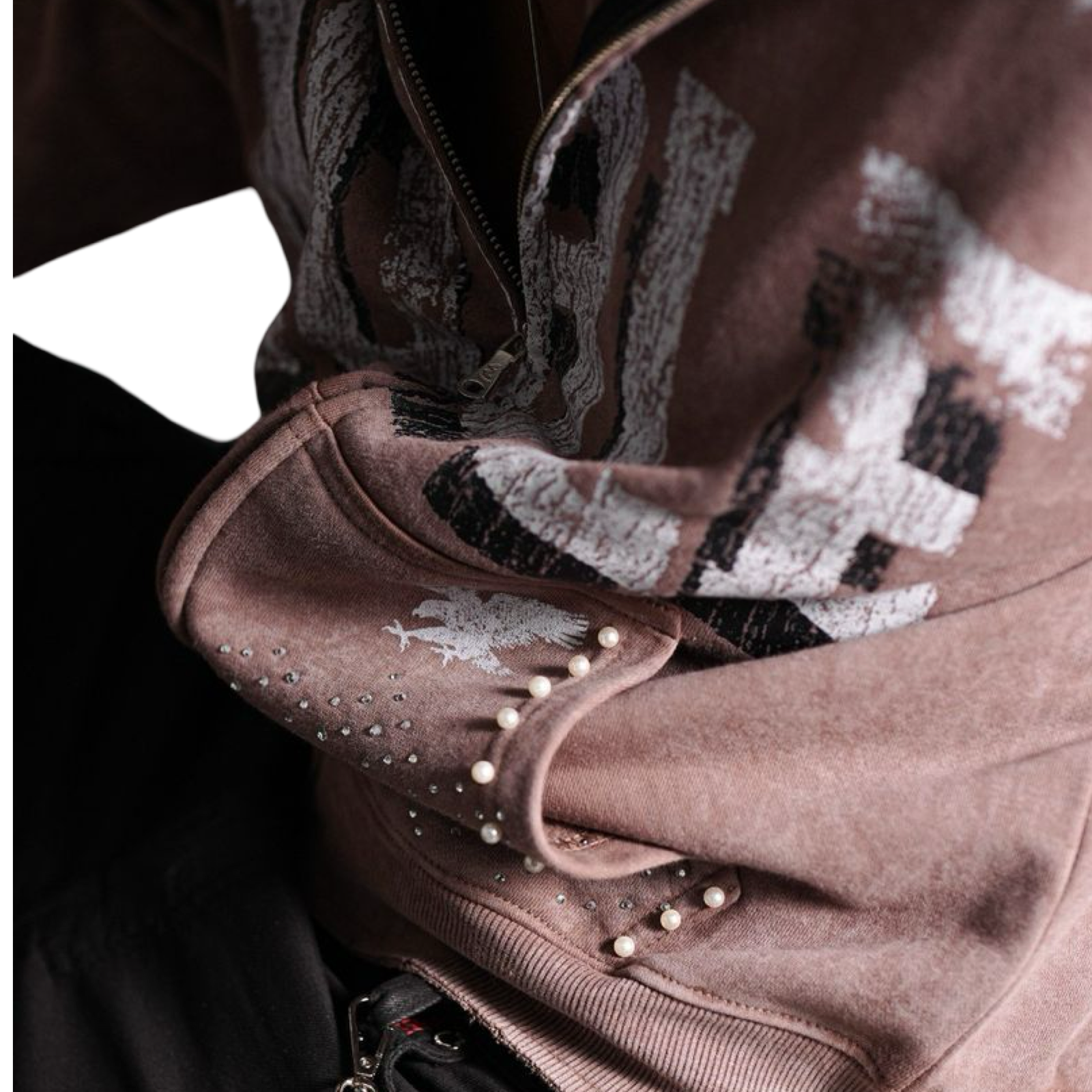 Noble White/Taupe Washed Rhinestone + Pearls Zip-Up