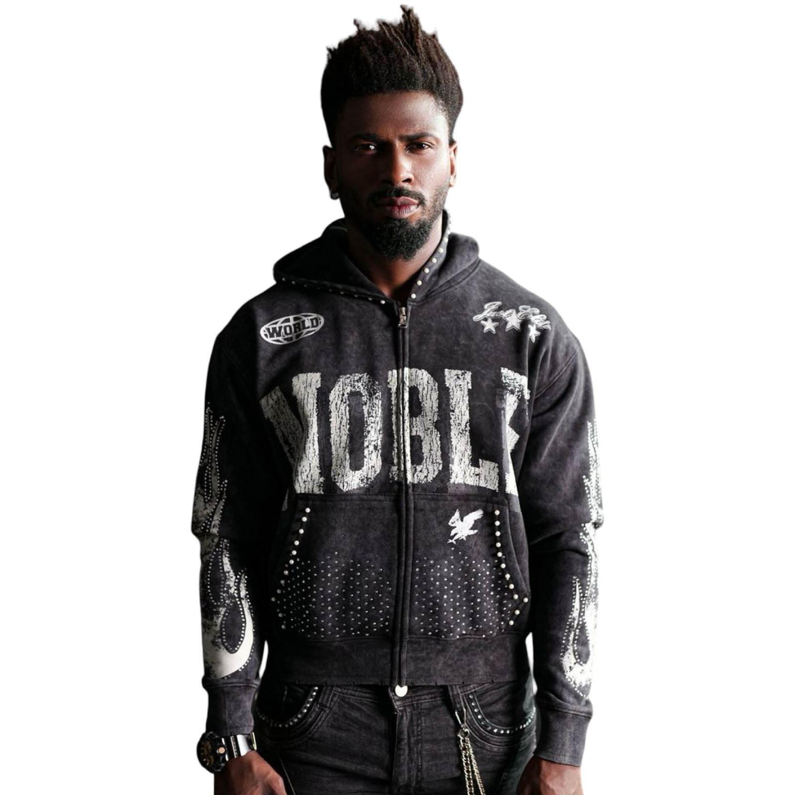 Noble White/Black Washed Rhinestone + Pearls Zip-Up