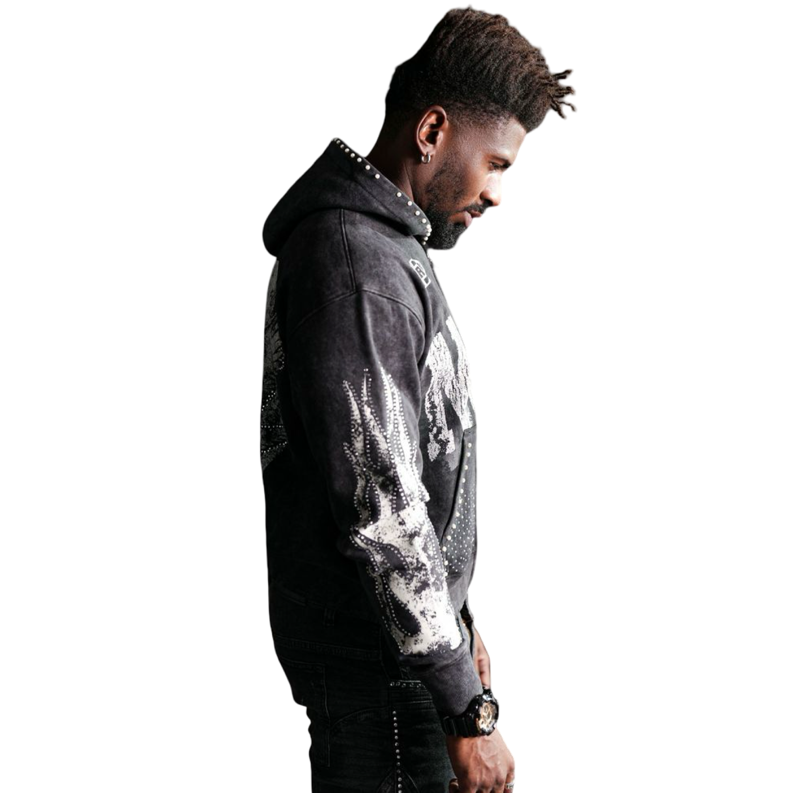 Noble White/Black Washed Rhinestone + Pearls Zip-Up