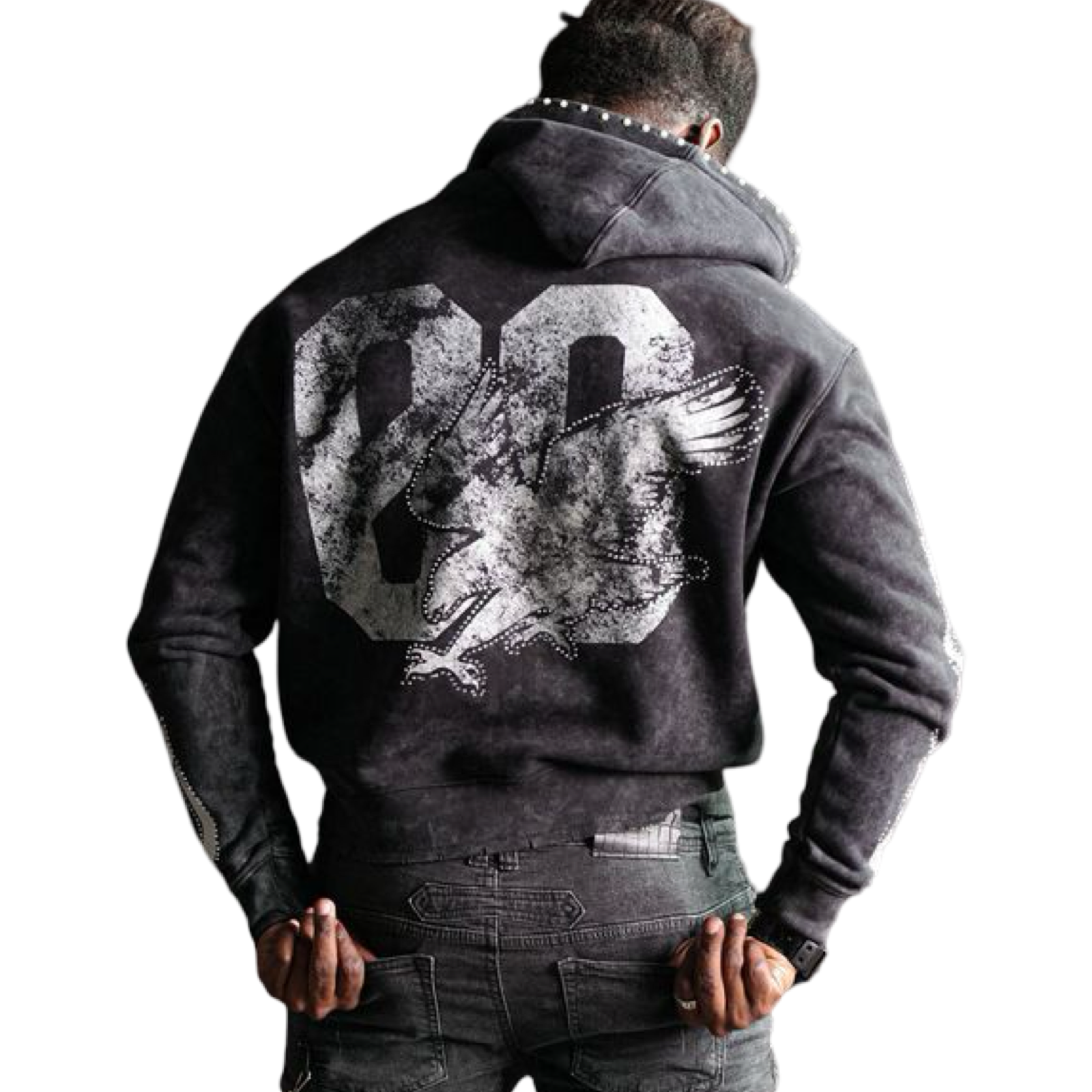 Noble White/Black Washed Rhinestone + Pearls Zip-Up