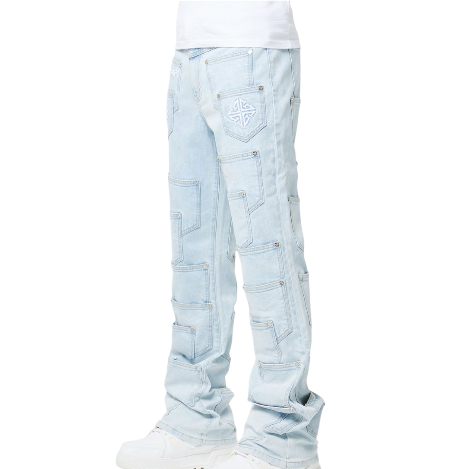 Aqua Blue Pockets Flared Denim