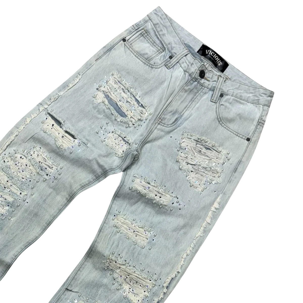 VICIOUS- PREMIUM RELAXED FLARE DENIM W/ RHINESTONE/PEARLS