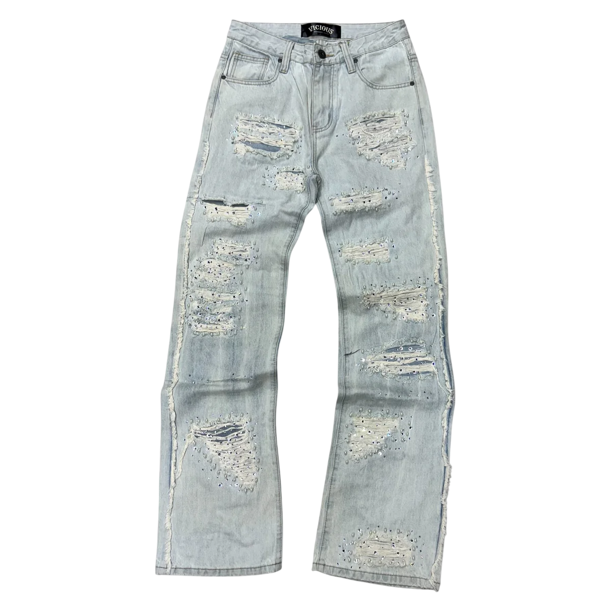 VICIOUS- PREMIUM RELAXED FLARE DENIM W/ RHINESTONE/PEARLS