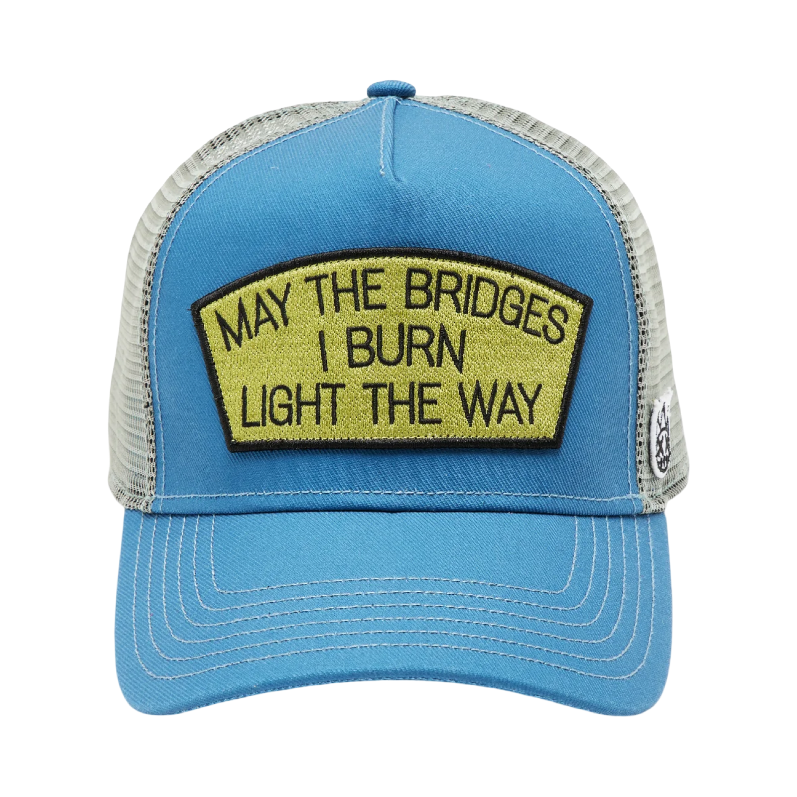 Cult's Logo Mesh Back Trucker Hat "May The Bridges I Burn" in Blue Steel