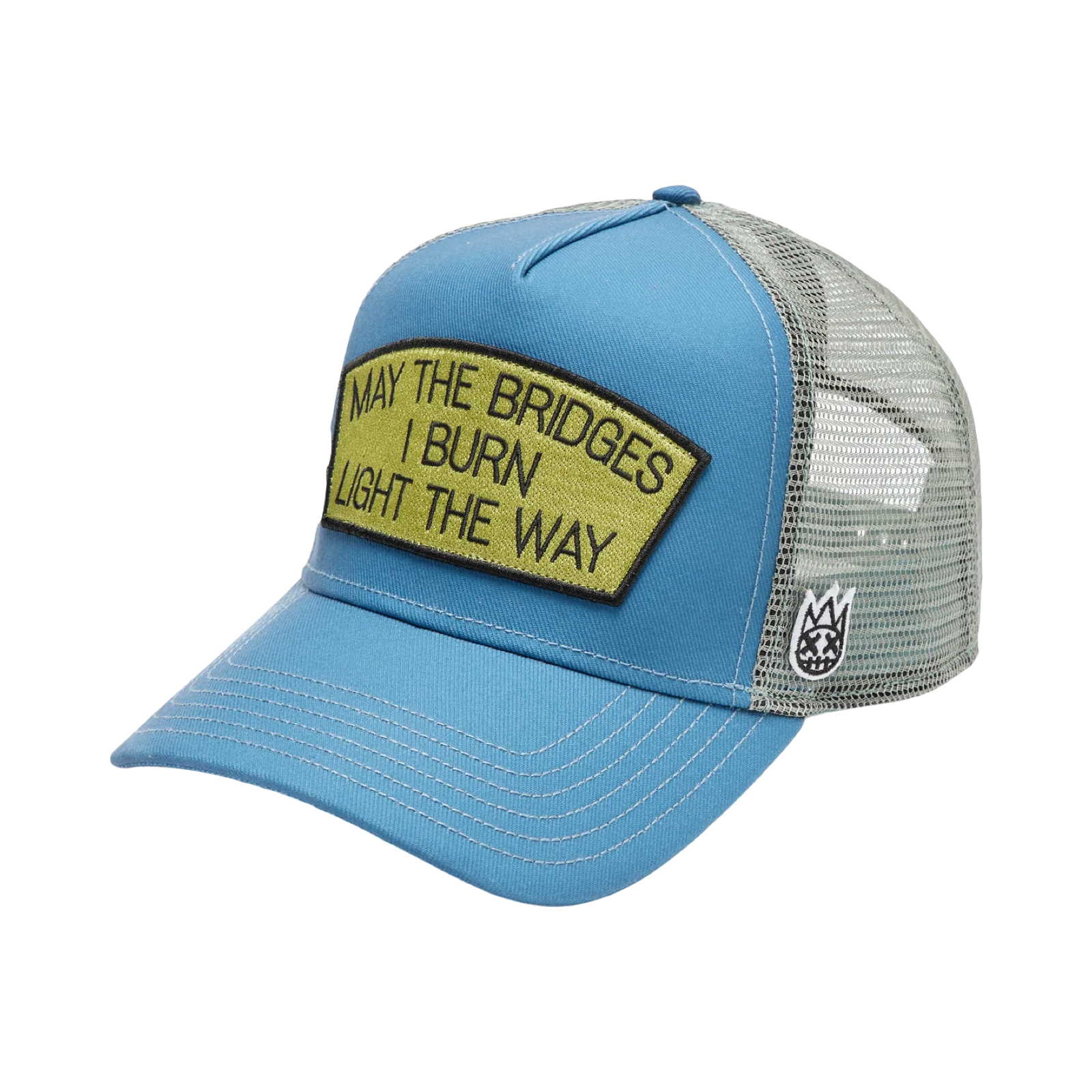 Cult's Logo Mesh Back Trucker Hat "May The Bridges I Burn" in Blue Steel