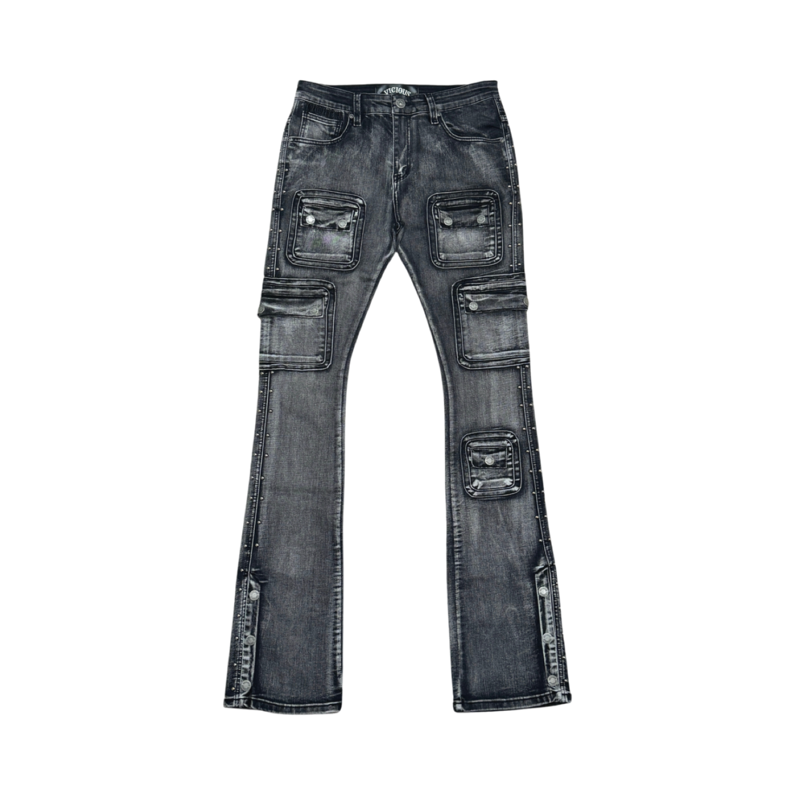 STUDDED WARRIOR CARGO FLARE FIT DENIM