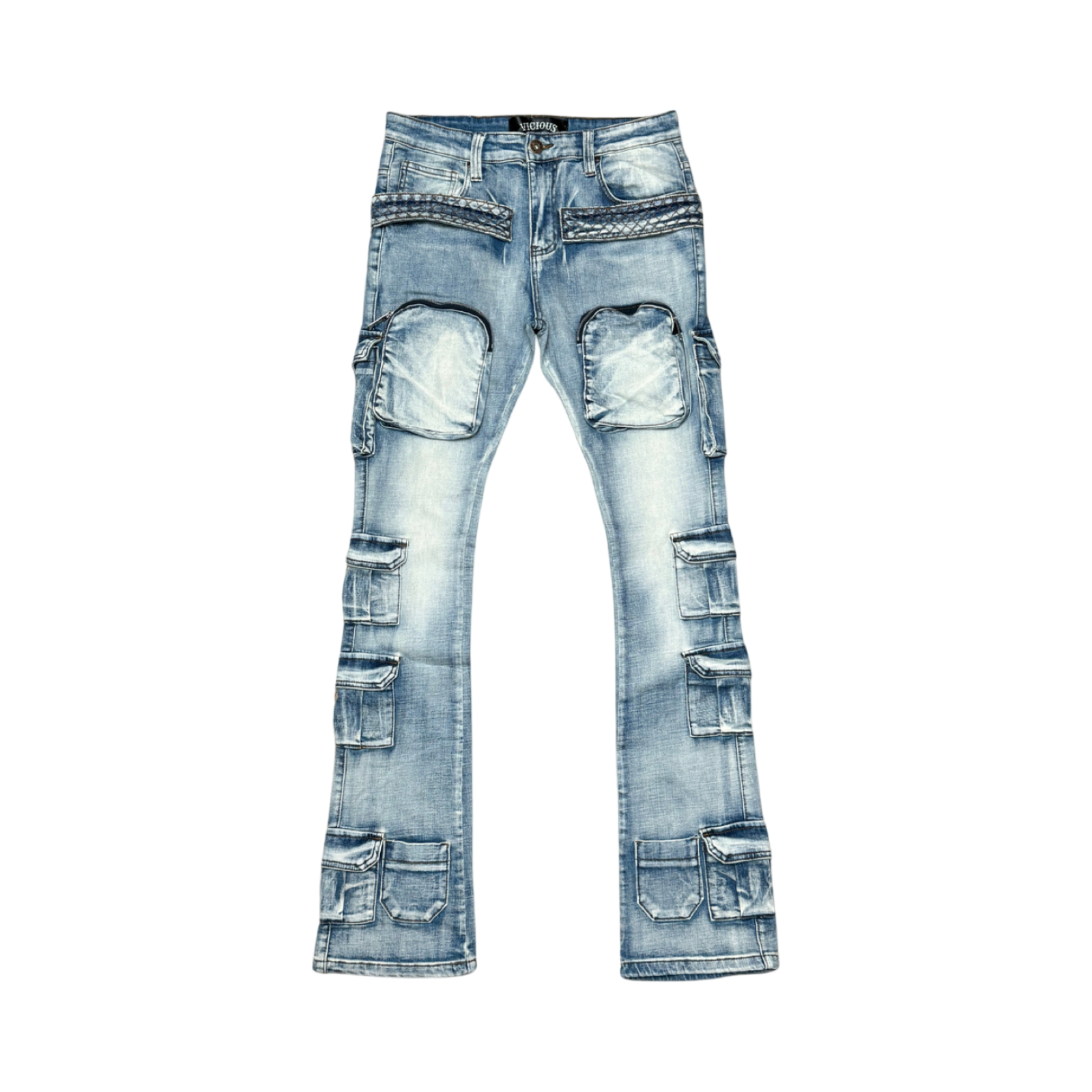 MULTI SIDE CARGO POCKET FLARE DENIM W/ 3D FRONT POCKETS