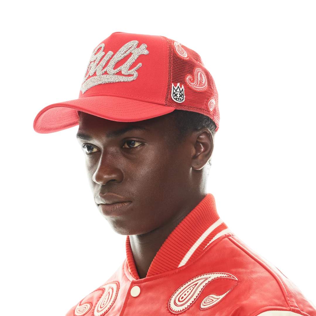 Cult's Paisley Shimuchan Logo Mesh Back Trucker Hat in Red