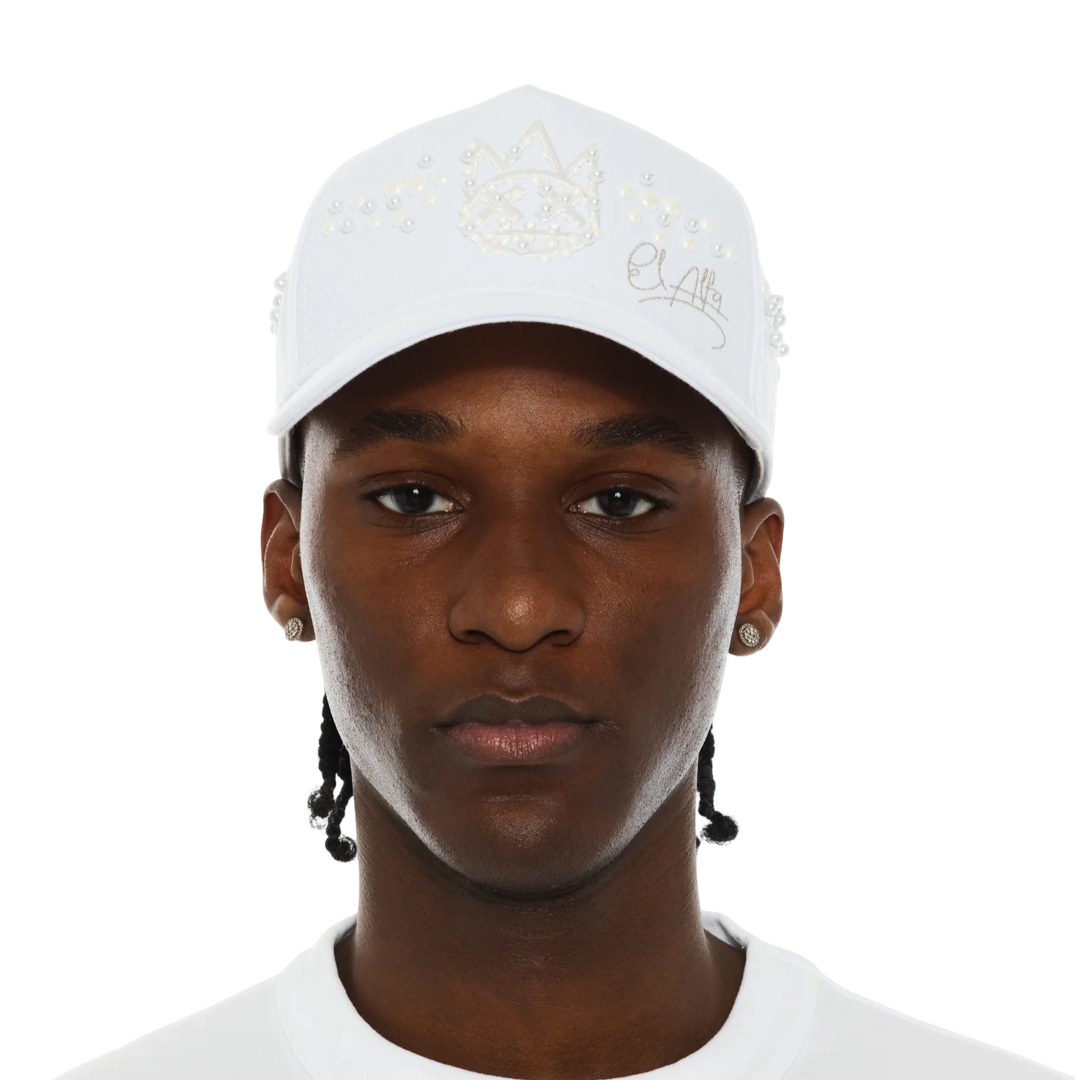 Cult x El Alfa Premium 5 Panel A Frame Trucker Hat with Pearls in White