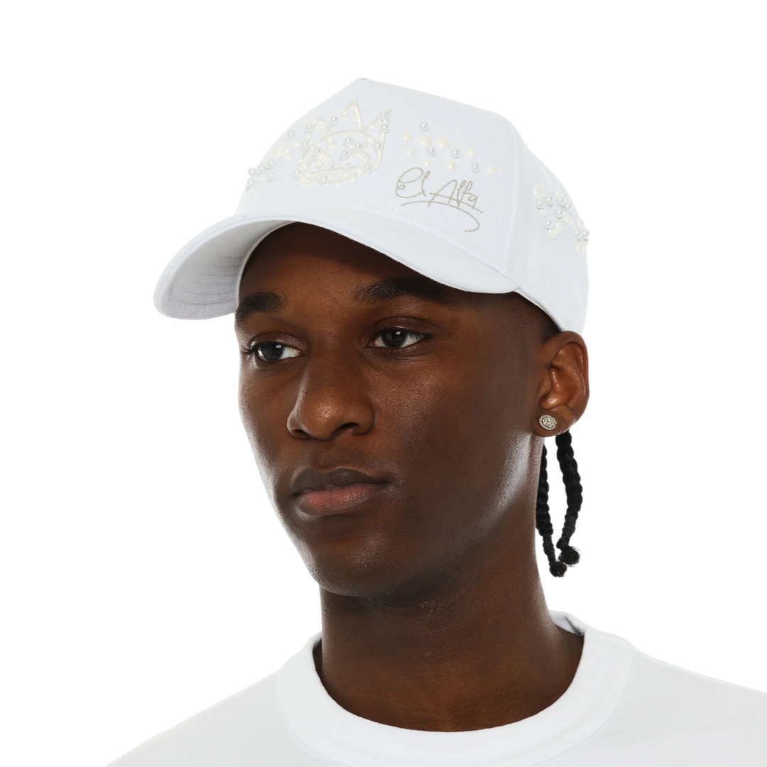 Cult x El Alfa Premium 5 Panel A Frame Trucker Hat with Pearls in White