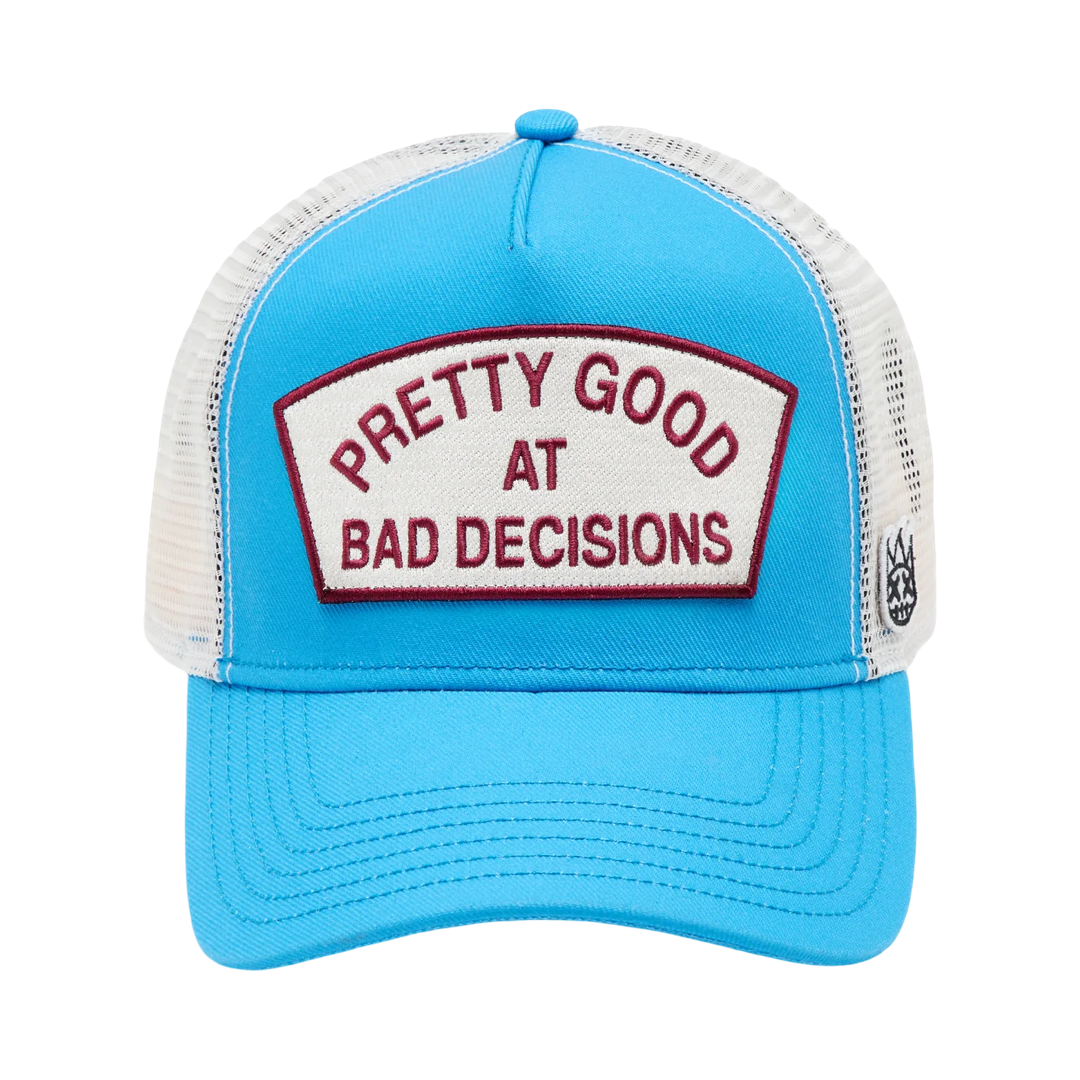 Cult's Logo Mesh Back Trucker Hat "Good At Bad Decisions" in Rhubarb