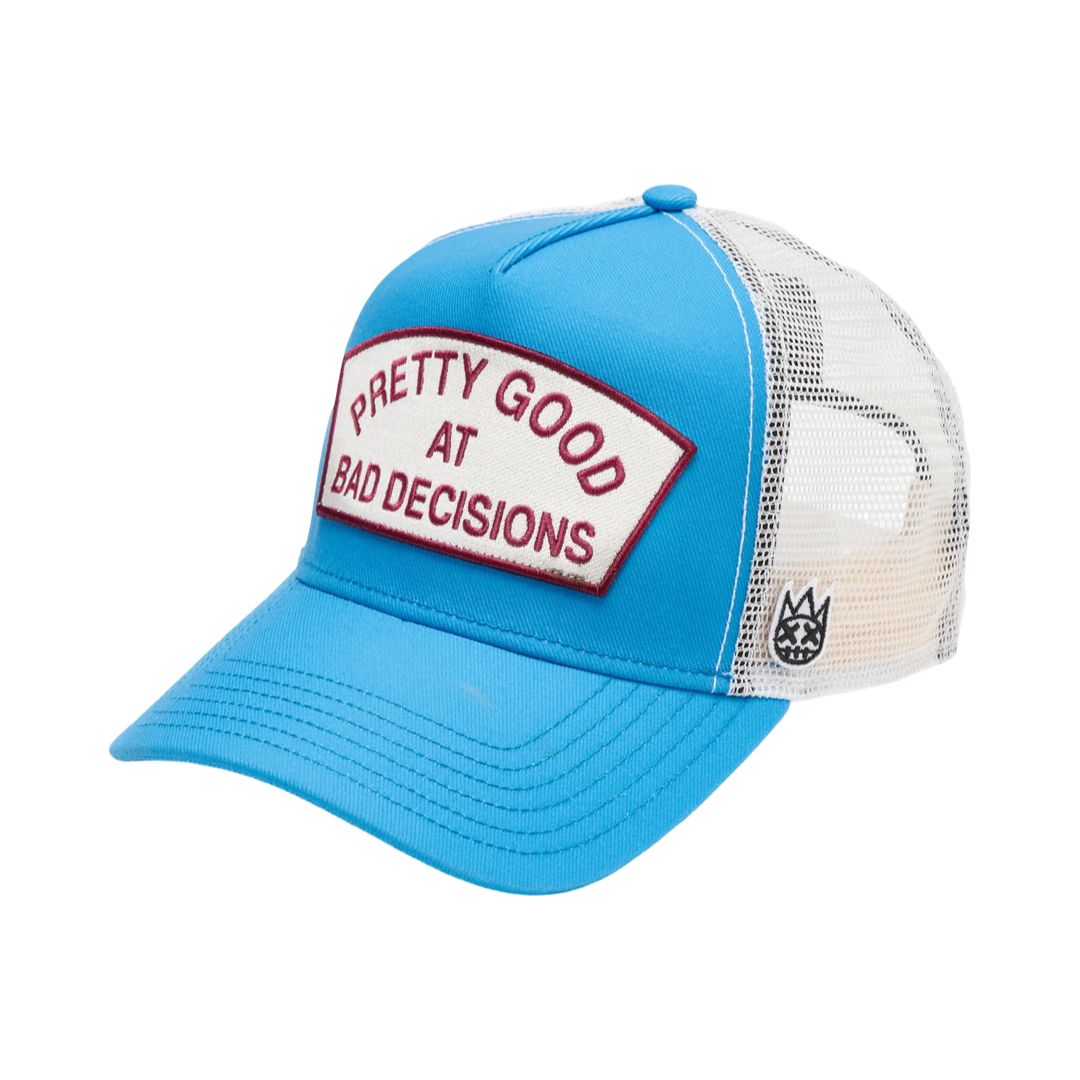 Cult's Logo Mesh Back Trucker Hat "Good At Bad Decisions" in Rhubarb