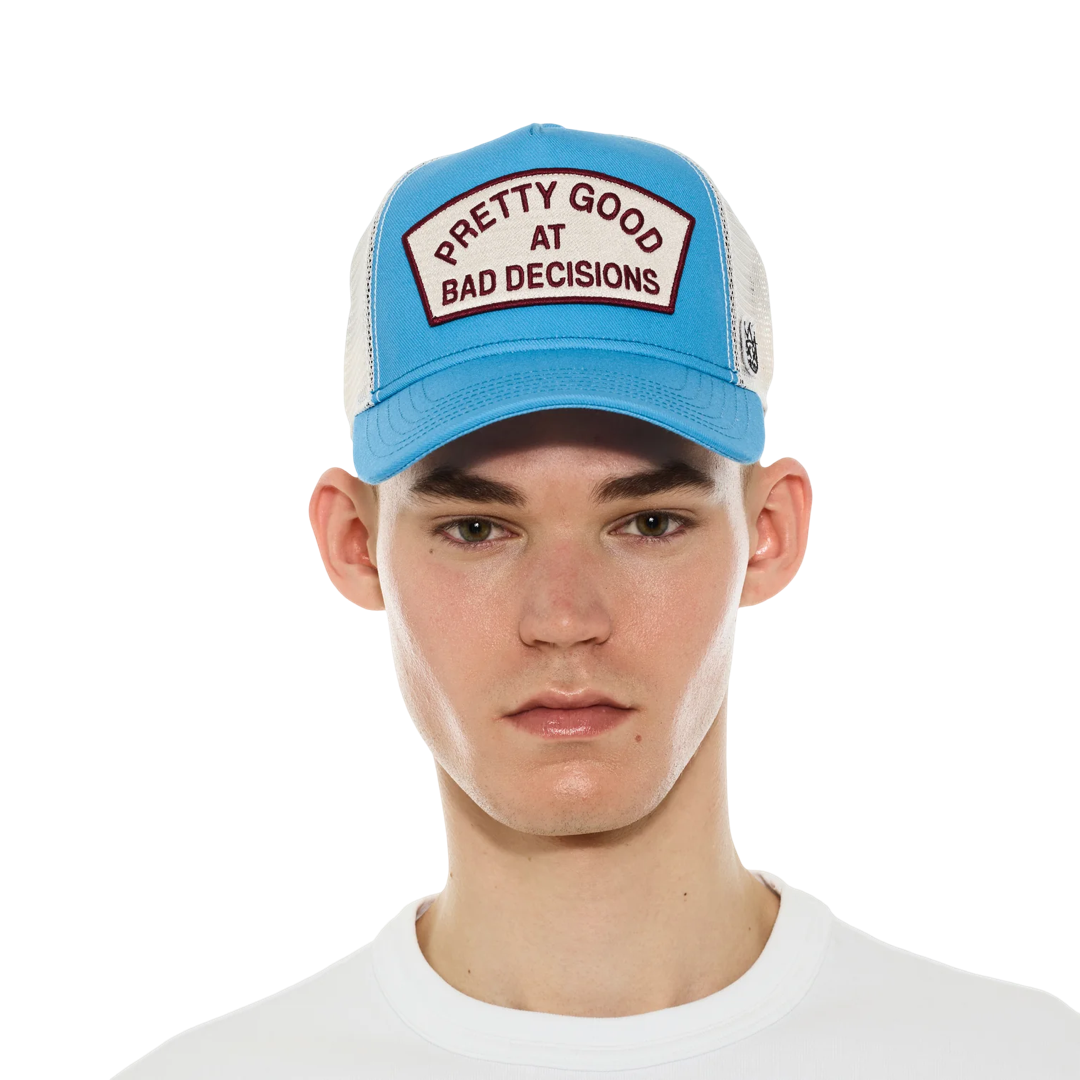 Cult's Logo Mesh Back Trucker Hat "Good At Bad Decisions" in Rhubarb