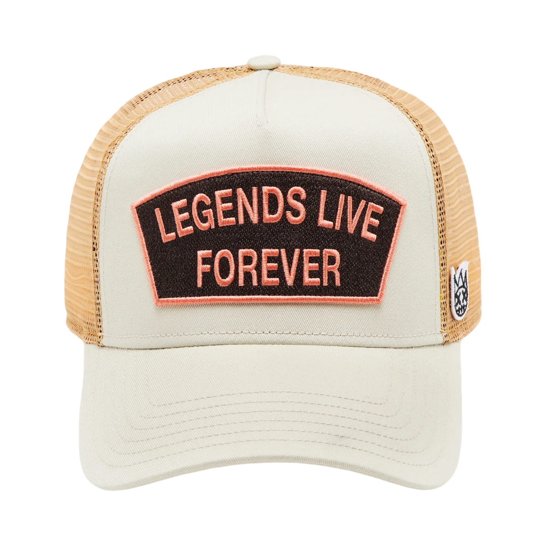 Cult's Logo Mesh Back Trucker Hat "Legends Live Forever" in White Swan