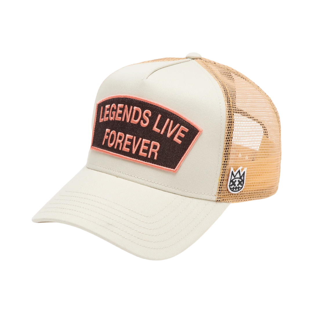 Cult's Logo Mesh Back Trucker Hat "Legends Live Forever" in White Swan