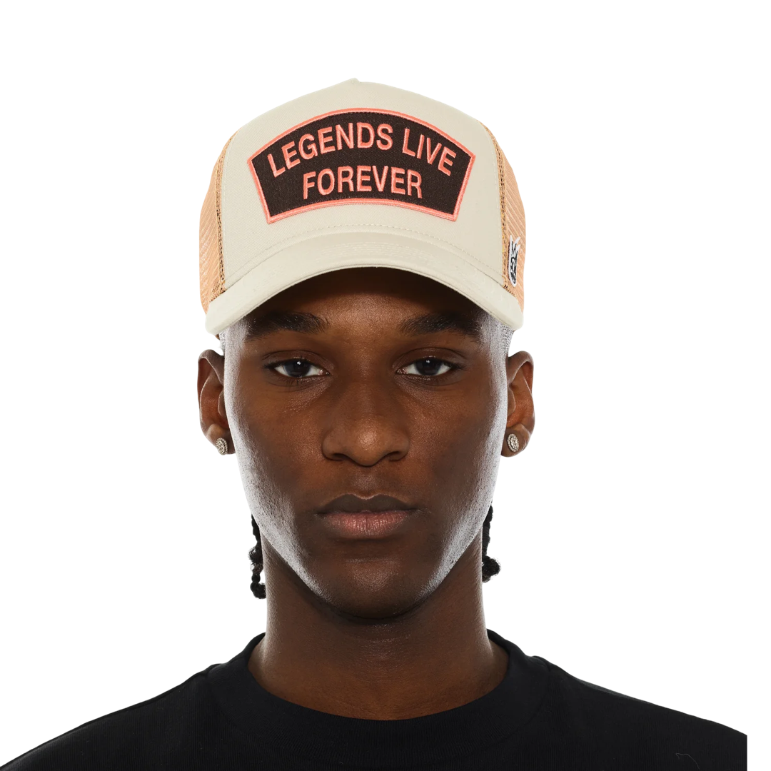 Cult's Logo Mesh Back Trucker Hat "Legends Live Forever" in White Swan