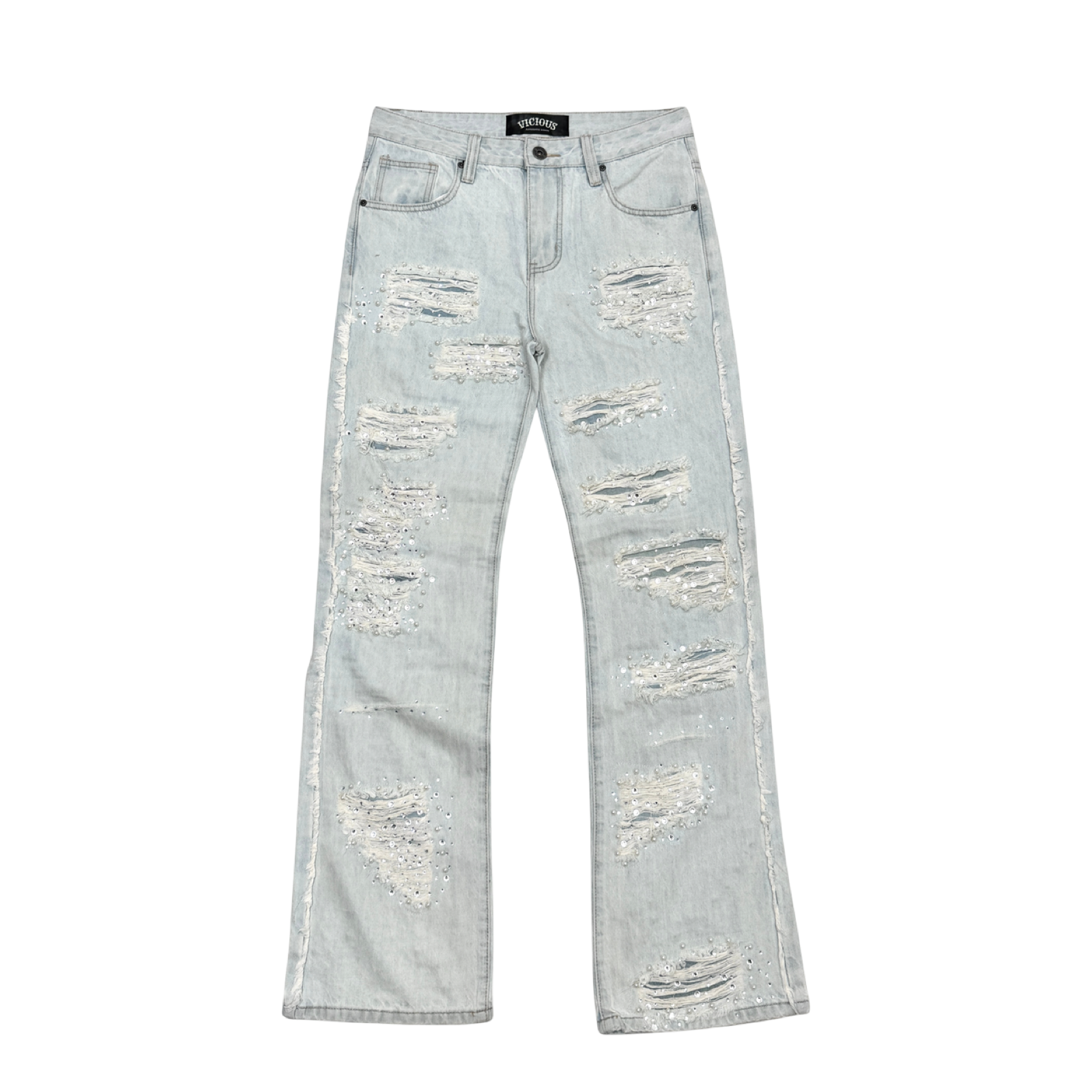 PREMIUM RELAXED FLARE DENIM WITH PEARL / RIHNESTONES